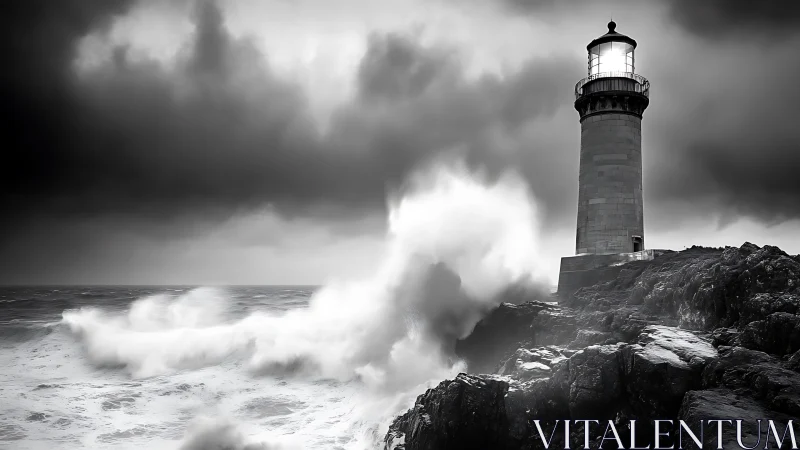 Storm-lashed lighthouse withstands powerful crashing waves