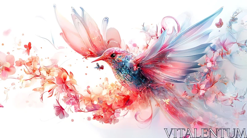 Colorful hummingbird in flight amid pink floral bloom.