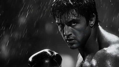 Monochromatic boxer profile with precipitation cascade and muscular intensity.