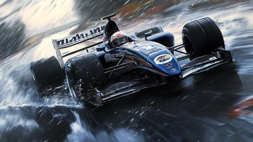 Dynamic digital painting of Formula race car in wet motion.