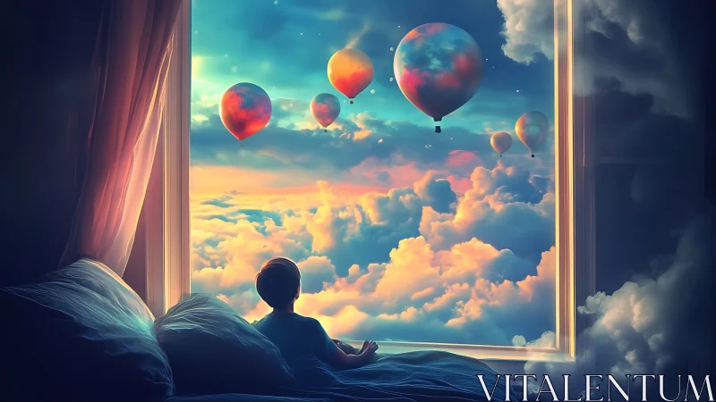 Child on bed viewing hot air balloons above clouds window.