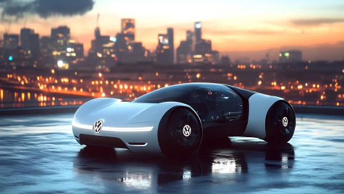 Futuristic Volkswagen concept car glows over a twilight city.