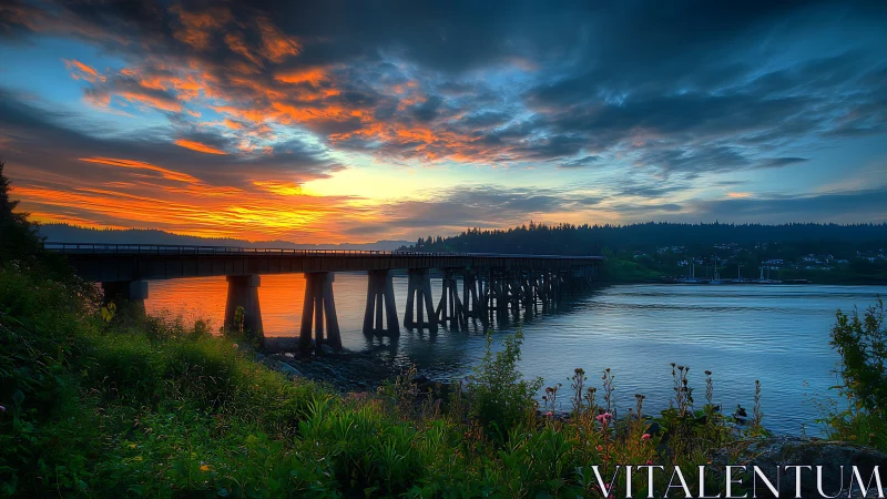 Sunset bridge glows above tranquil river and lush shoreline.