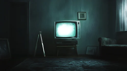 Old television glowing in dim, sparsely furnished room.