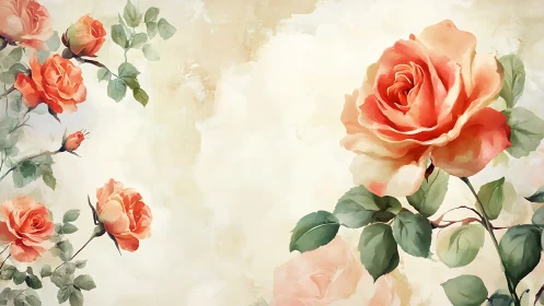 Watercolor Botanical Study: Layered Coral Roses with Translucent Foliage