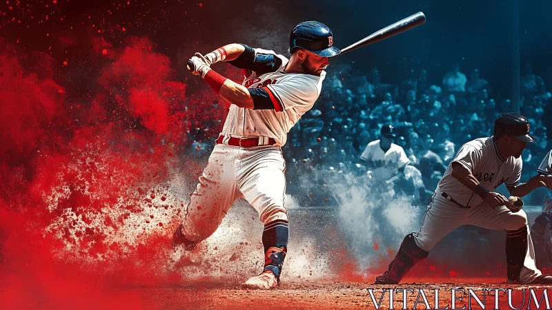 Kinetic baseball swing amid red-blue particulate explosion.