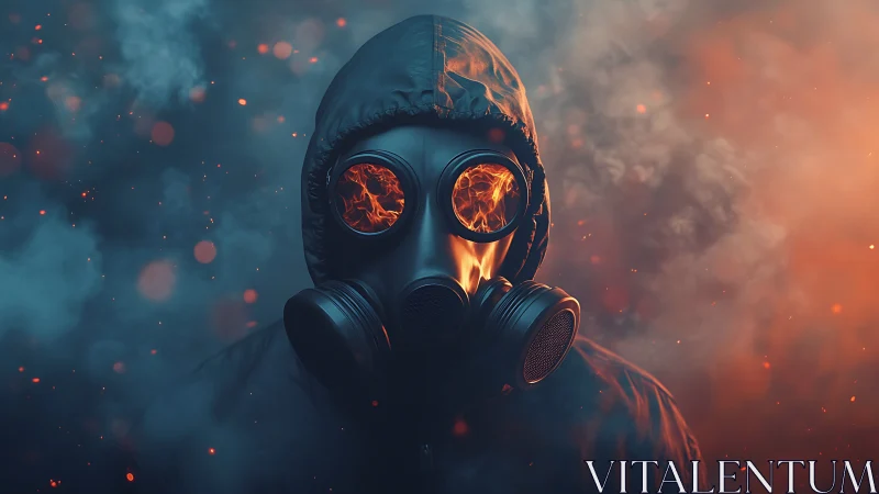 Hooded figure in gas mask surrounded by smoke and fire.
