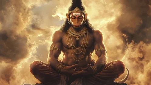 Divine warrior Hanuman in golden stormcloud meditation.