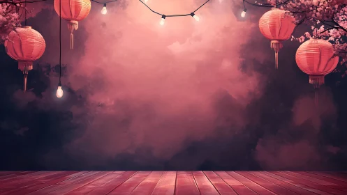 Red lanterns and string lights frame an empty wooden stage