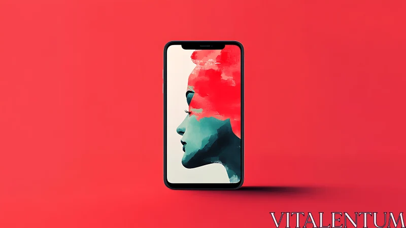 Smartphone with abstract profile portrait on vivid red field