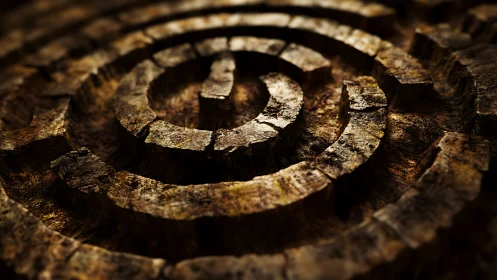 Weathered circular labyrinth shows rough carved stone rings