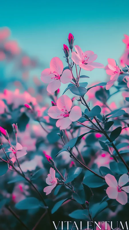 Pink Petals Dance: Turquoise Sky Embrace Symphony
