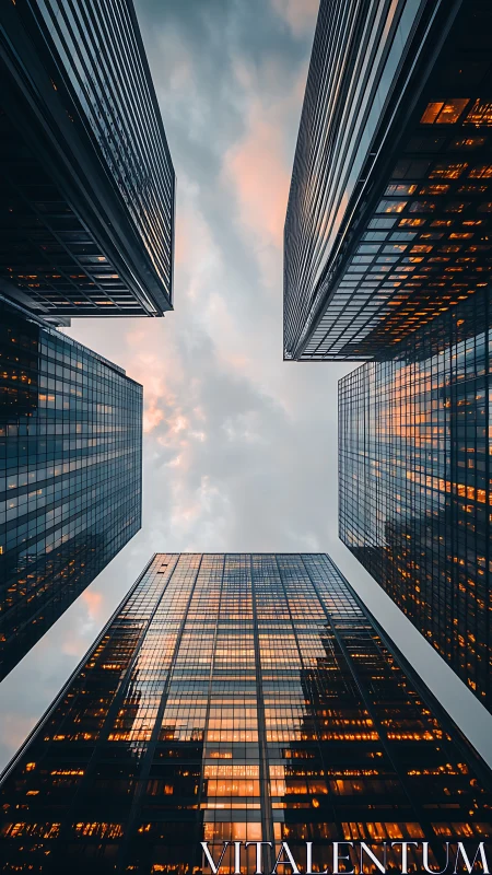 Glass office towers reflecting warm sunset light in city.