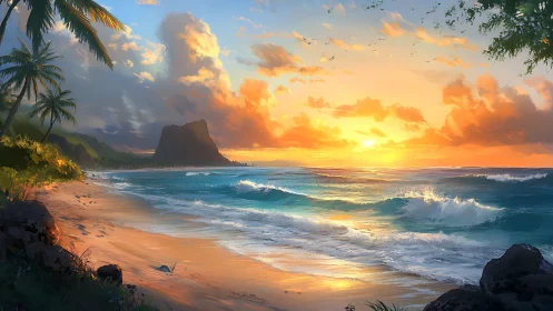 Tropical Coastline with Rock Formation at Sunset.