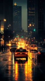 Wet urban street shows night traffic under tall office towers