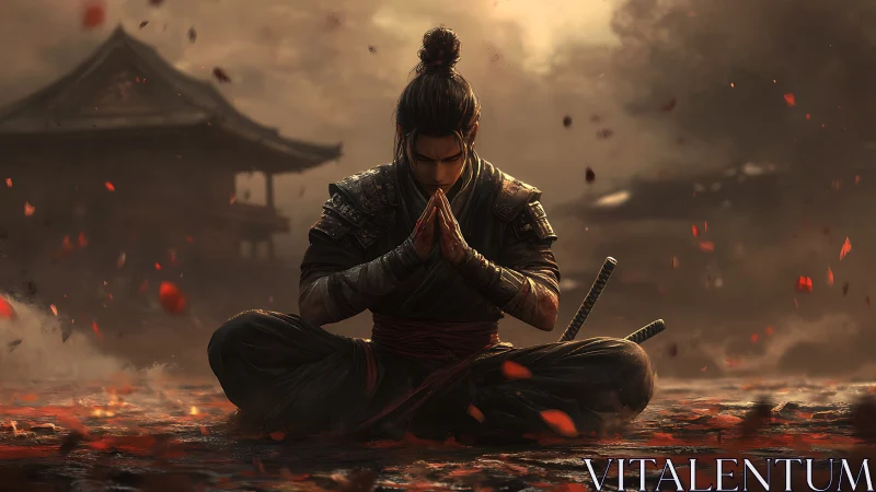 Meditating samurai in autumn battlefield haze, cinematic lighting