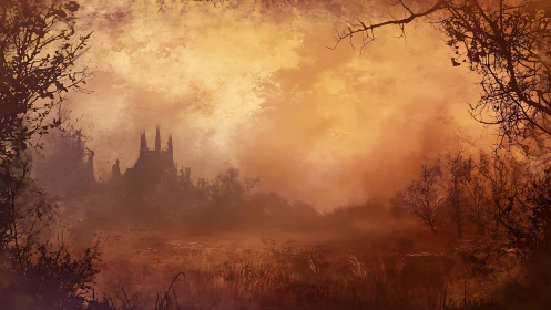Gothic citadel silhouette in atmospheric sepia wasteland fog.