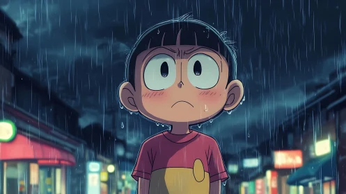 Pensive anime boy in neon city rain, night street ambience