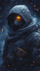 Hooded gas mask figure in snow with glowing visor eye.