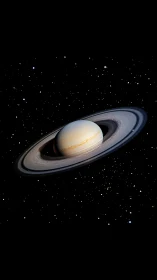 Saturn with detailed ring system against star field.