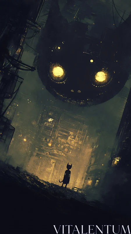 Cat figure faces giant mechanical face in smoky alleyway