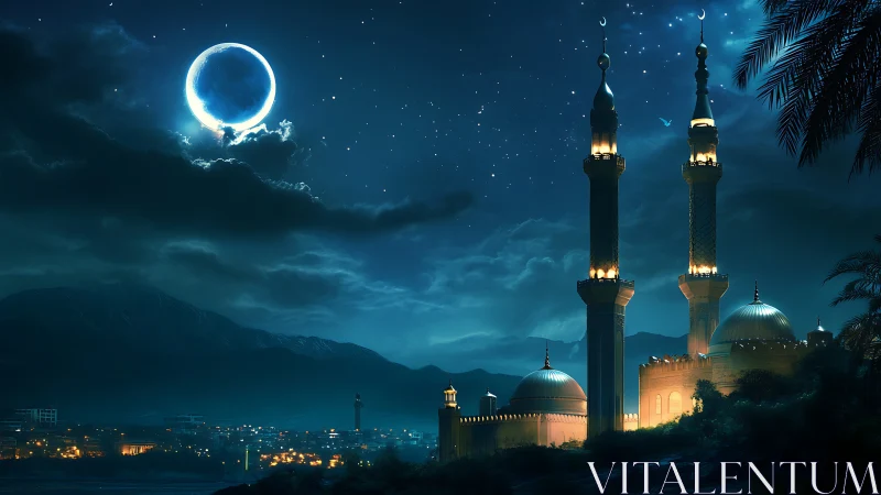 Moonlit mosque skyline under deep blue starry night.