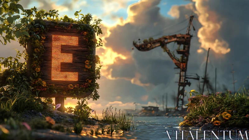 Glowing letter E sign in lush postindustrial riverside scene.