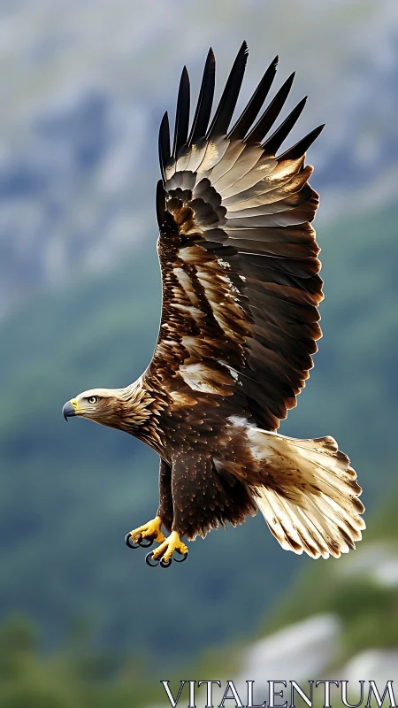Golden eagle spreads powerful wings above misty mountains