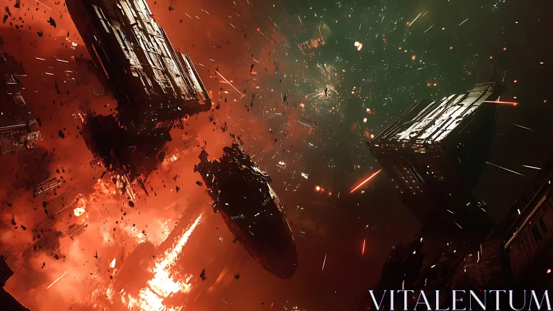 Epic starship battle drifting through a burning galaxy.