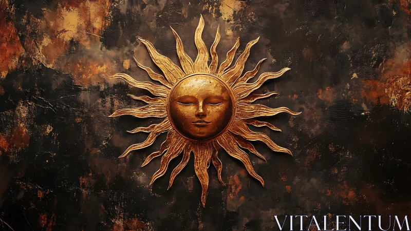 Golden sun face sculpture glows against distressed dark wall