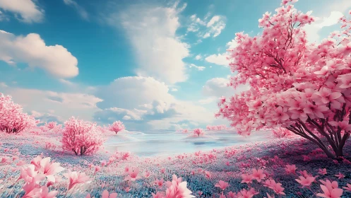 Pink flowering trees beside water under bright blue sky.
