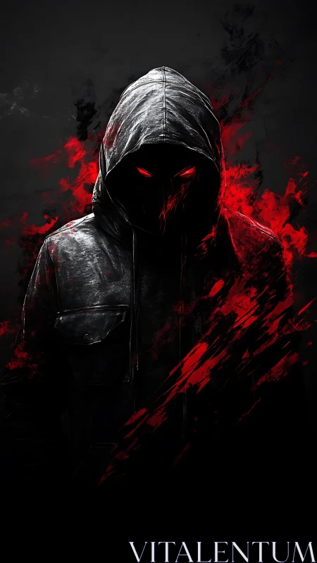 Digital hooded specter with red glitch flare composition.
