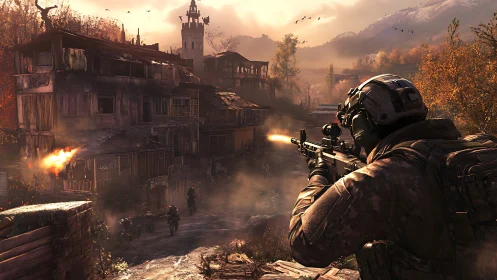 Soldier fires rifle into war-torn village under dusk light