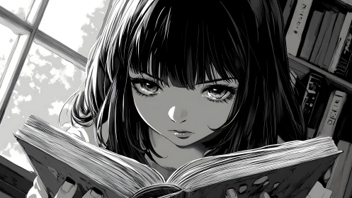 Focused manga girl reading a book by library window.