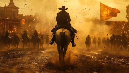 Silhouetted cavalry advances through burning city at dusk