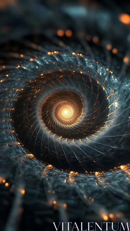 Starlit quantum vortex spirals toward a molten cosmic core.