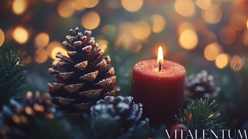 Cozy pinecone and candle glow in a softly lit holiday nook.