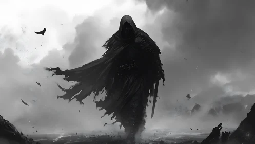 Hooded wraith strides through storm-lashed monochrome wasteland.