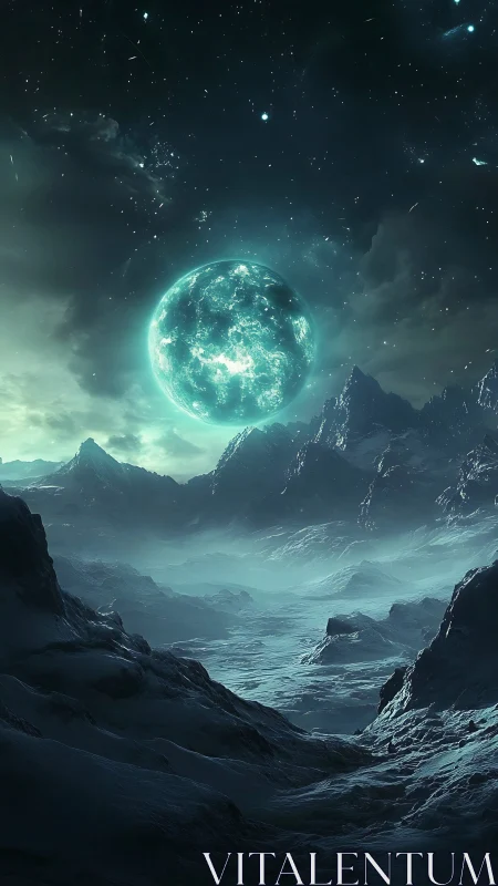 Glowing teal planet above frozen alien mountain valley.