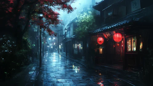 Rain-soaked alley with lantern-lit shopfronts at night.