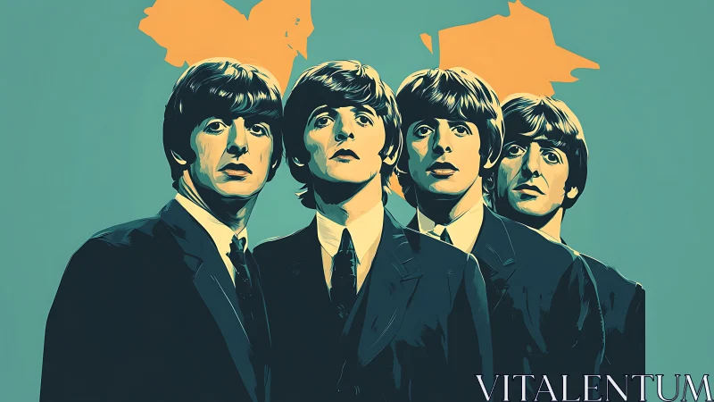 Retro pop portrait of four suited musicians in teal glow.