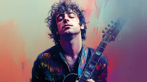 Guitarist in vivid neon portrait surrenders to electric sound