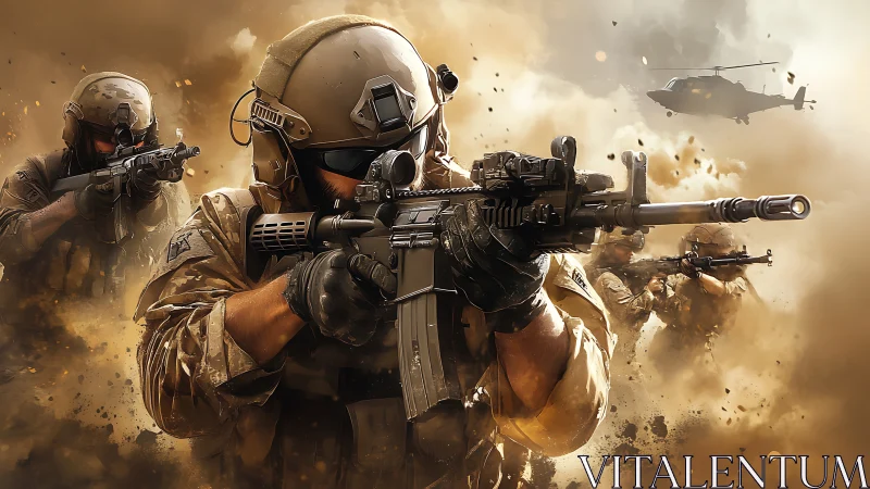 Dust and focus on the frontline of a stormy battlefield.