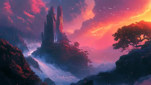 Dreamy twilight cliffs above a glowing river valley.