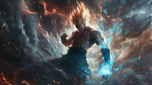 Starlit brawler ignites a storm of blue-fire fury mid-sky.