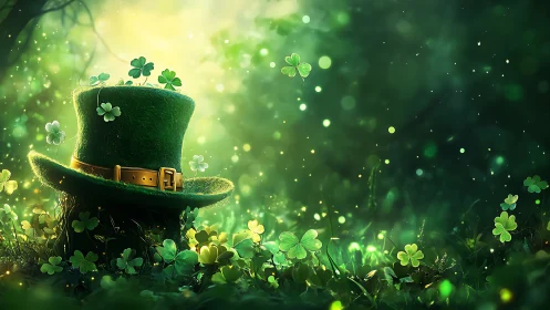 Green top hat with shamrocks in soft forest light.