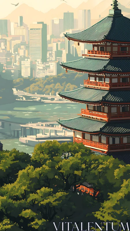 Tiered pagoda overlooking modern riverside skyline at dusk.