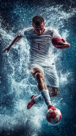 Water-slashed striker bends sports reality in frozen motion