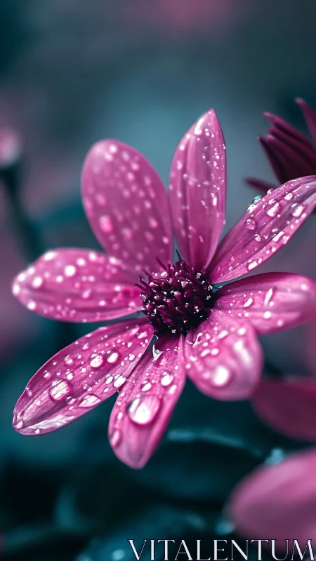 Macro view pink daisy petals with glistening raindrops.