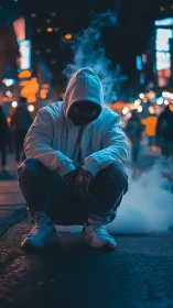 Hooded subject crouches in neon city bokeh with backlit vapor